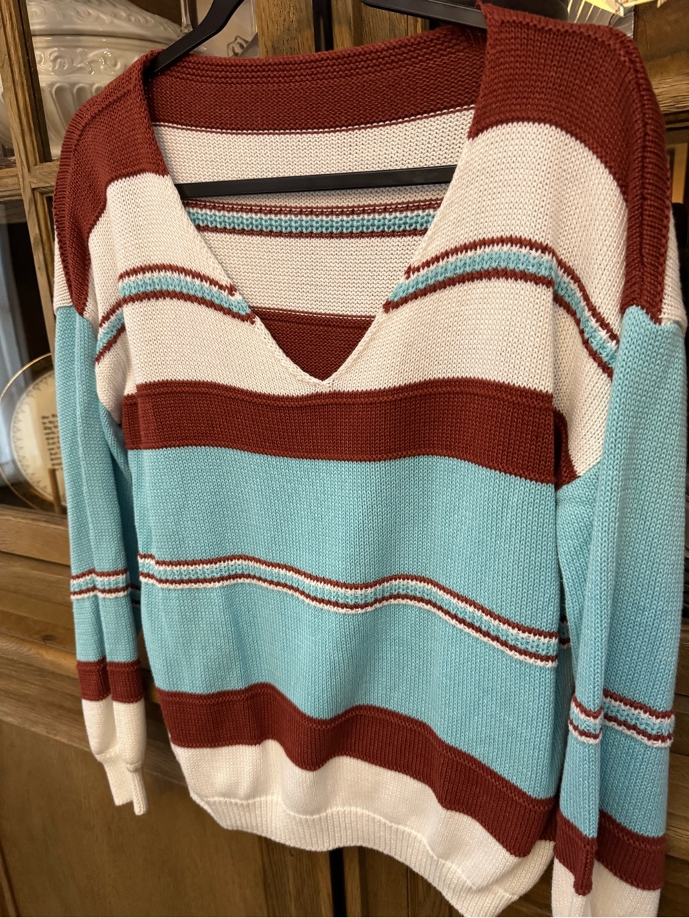 Source Unknown Striped V-Neck Sweater in Aqua, Cream & Rust